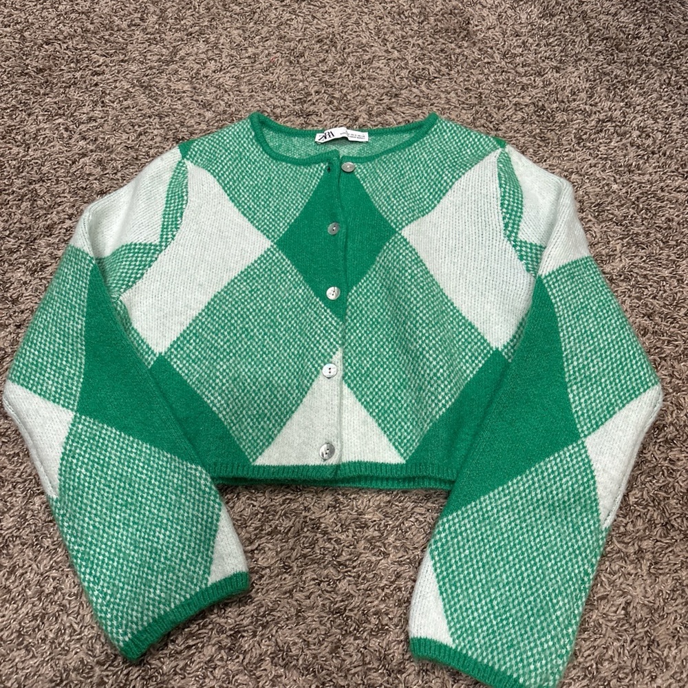 Zara Green and White Argyle Cardigan